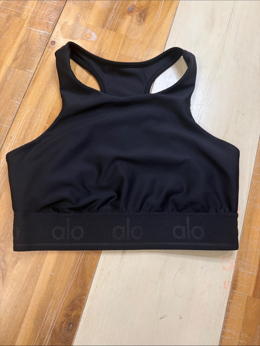 ALO Yoga Black High-Neck Racerback Logo Band Sports Bra
